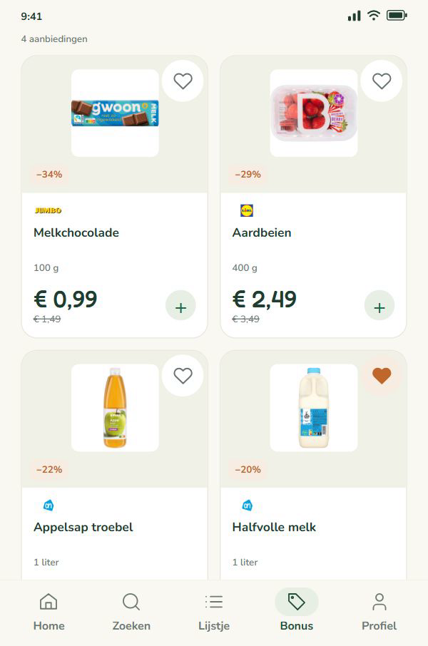 Aanbiedingen met kortingspercentages, oude en nieuwe prijzen en knoppen om producten te bewaren
