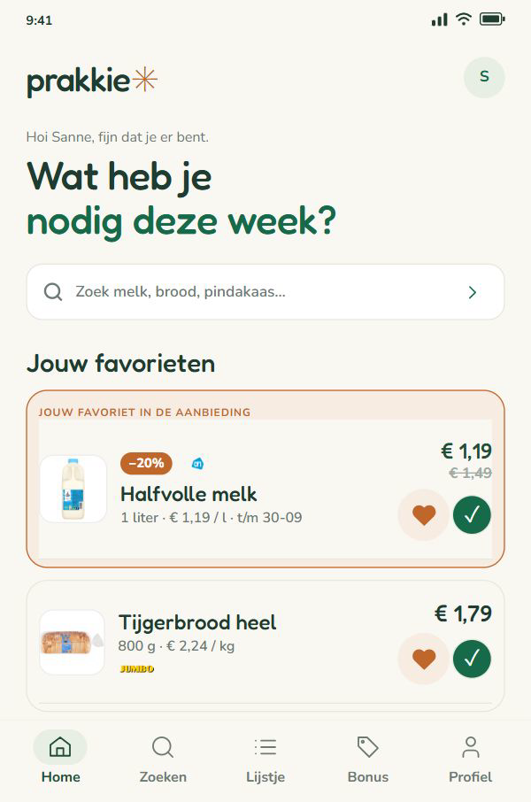 Prakkie Home met favoriete producten, hartjes en een aanbieding voor halfvolle melk