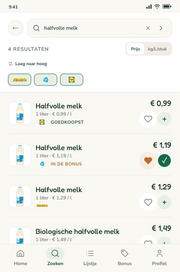 Zoekresultaten voor halfvolle melk bij verschillende winkels, met prijzen en hartjes